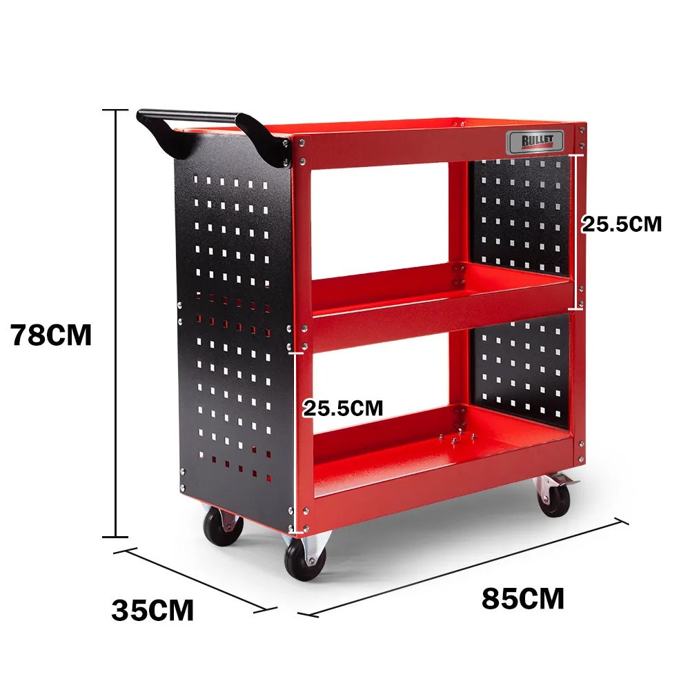 Bullet 3 Tier Steel Tool Trolley Cart for Workshop Mechanic with Pegboard Screwdriver Bay Red